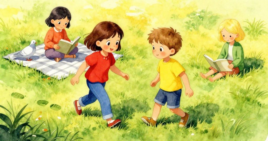 Joy與Lars走在公園小徑上，腳印清晰可見，附近有Mabel坐在銀色野餐布上和一隻尋食鴿，氣氛悠閒。