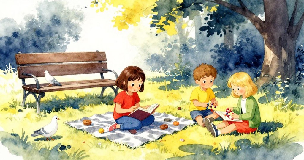 公園廣角畫面中，Mabel專心閱讀坐在銀色野餐布上，鴿子悠閒漫步，Joy與Lars於背景創作，氣氛輕鬆自然。