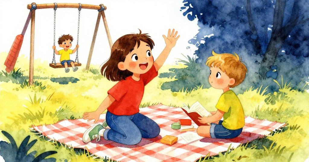 Joy滿臉喜悅揮手問候Mabel，Lars在旁微笑相伴，背景有陽光閃耀遊樂場鞦韆，慶祝成功情感洋溢。