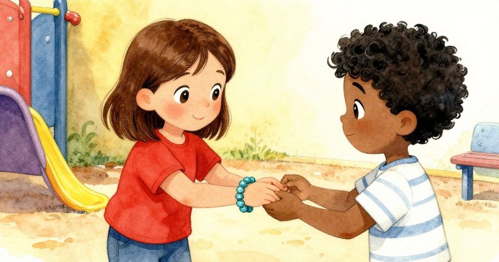 Joy小心翼翼將完成的手鍊遞給Oscar，Oscar滿懷感激接過，背景為寧靜遊樂場角落，象徵傳統完成與溫馨情感。