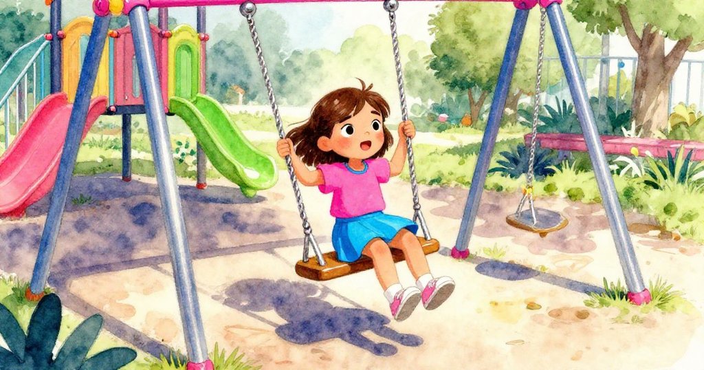 Rosa在溫暖午後的公園中搖著鞦韆，光影交錯中展現出興奮與快樂的神情，環境充滿童趣氣息。