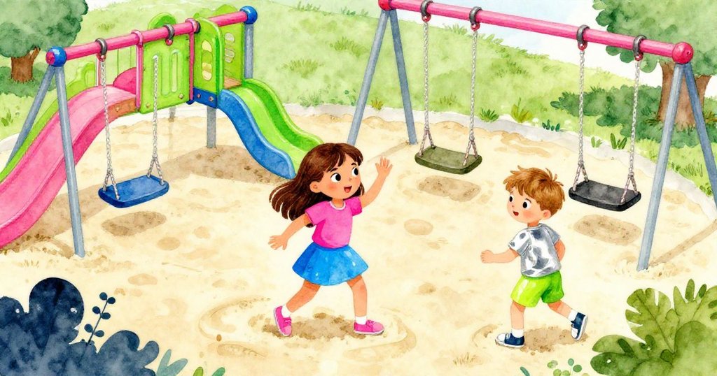 從高處俯瞰整個公園，Rosa與Eli在沙坑和鞦韆間開心嬉戲，整片場景充滿童真與溫馨氣息。