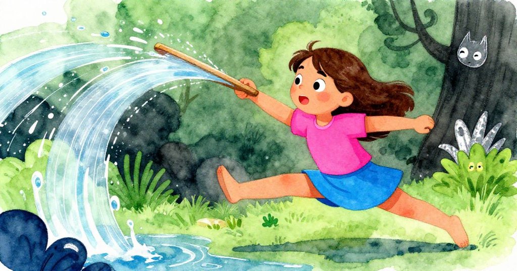 Rosa在緊急瞬間迅速撿起木板，驚訝與決心並存，正努力改變水流方向以保護她的鞋子。