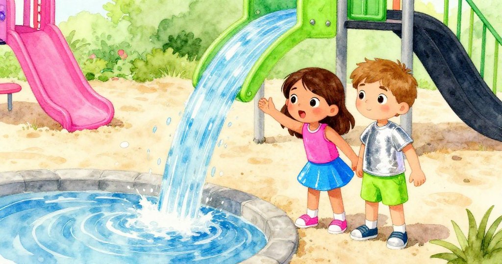 在安靜的遊樂場邊，Rosa與Eli並肩凝視著水流與沙融合的夢幻景象，臉上滿是滿足與共創奇迹的喜悅。