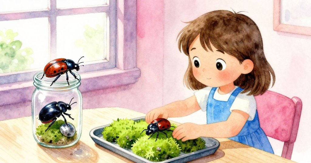 Bea在溫暖書桌前排列苔蘚方塊,窗外柔光映照,瓶邊甲蟲探險,充滿期待和好奇。