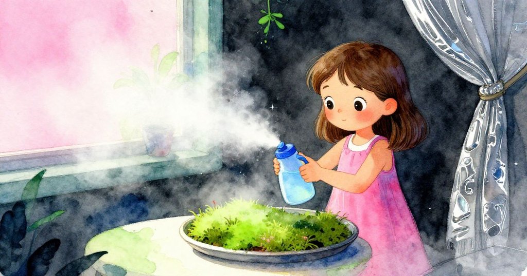 Bea輕噴噴霧瓶,控制苔蘚上閃爍霧氣,背景留白隱藏甲蟲,神情帶點憂慮,細膩表現。