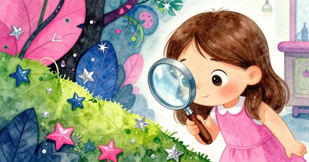 Bea用放大鏡細看苔蘚上星形閃亮的葉片,眼神充滿驚奇,窗外光線明亮,細節生動呈現。