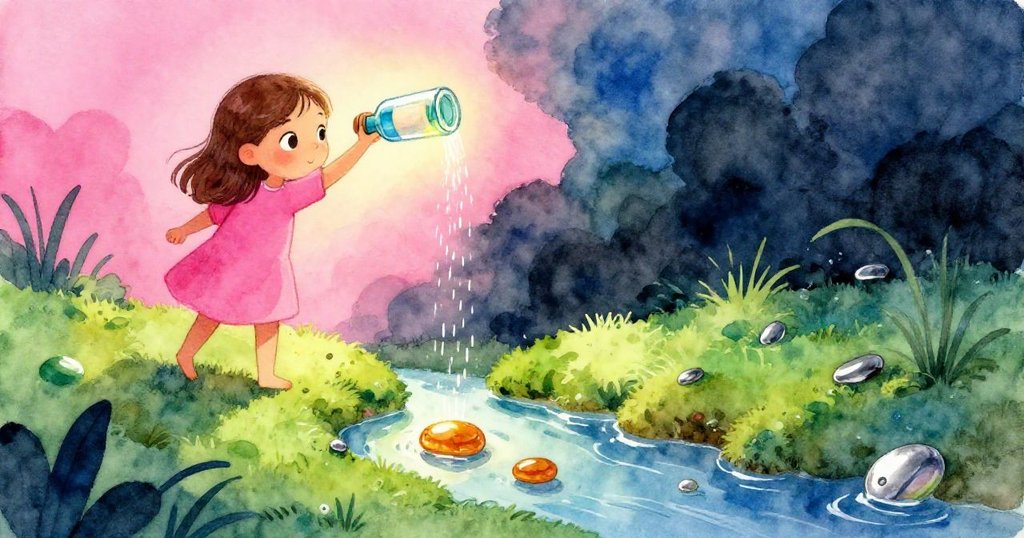 Bea接住滾動瓶子,小心釋放細雨澆灌苔蘚,用焦糖鵝卵石建立微型海岸,時光流轉中展現細膩動作。