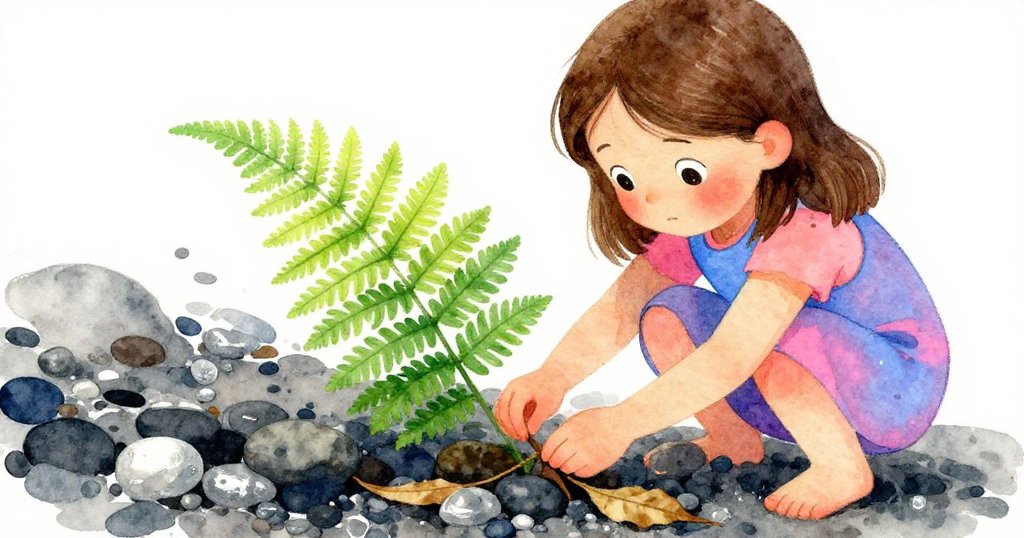 Bea眉頭緊蹙,專注調整歪斜蕨葉與乾葉,表情堅定,細節豐富展現內心掙扎與恢復秩序。