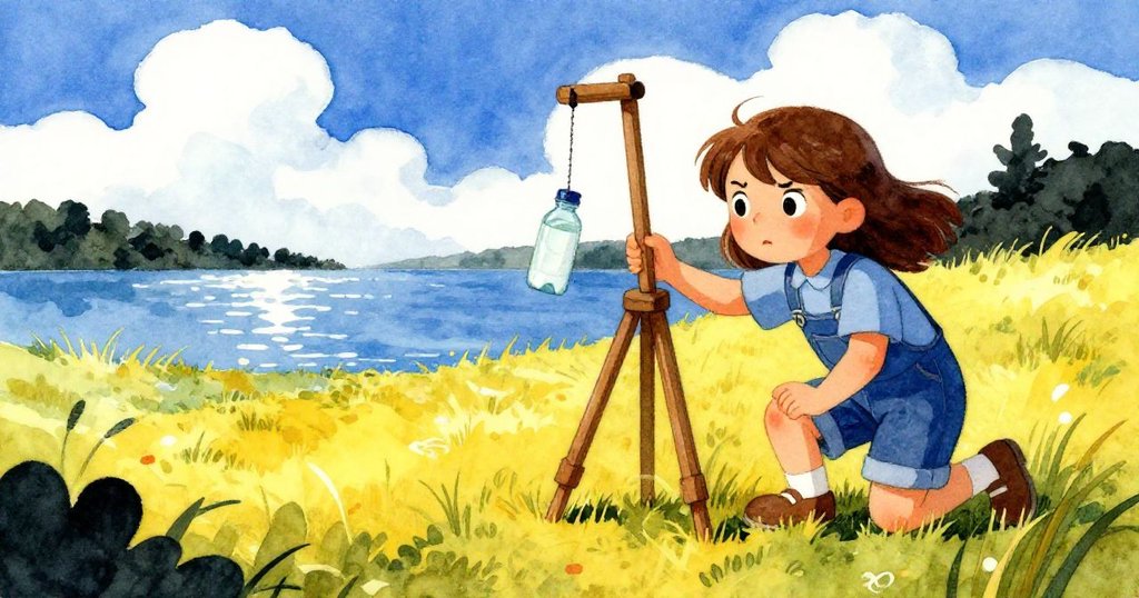 Thea蹲在綠野中調整三腳架,瓶子擺動映著湖光,天空中雲層疊疊,她神情專注充滿期待。