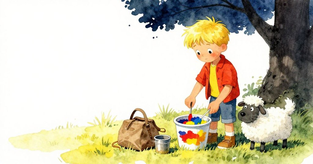 Erik在戶外調色,手拿調色棒,毛茸茸的牧羊犬警覺旁立,背景空曠充滿創意氛圍。