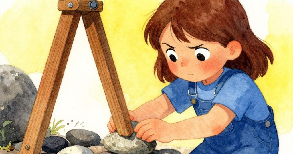 Thea專注地將一塊小石放置於三腳架下,肉體細節與自然紋理清晰展現,手部用力充滿決心。