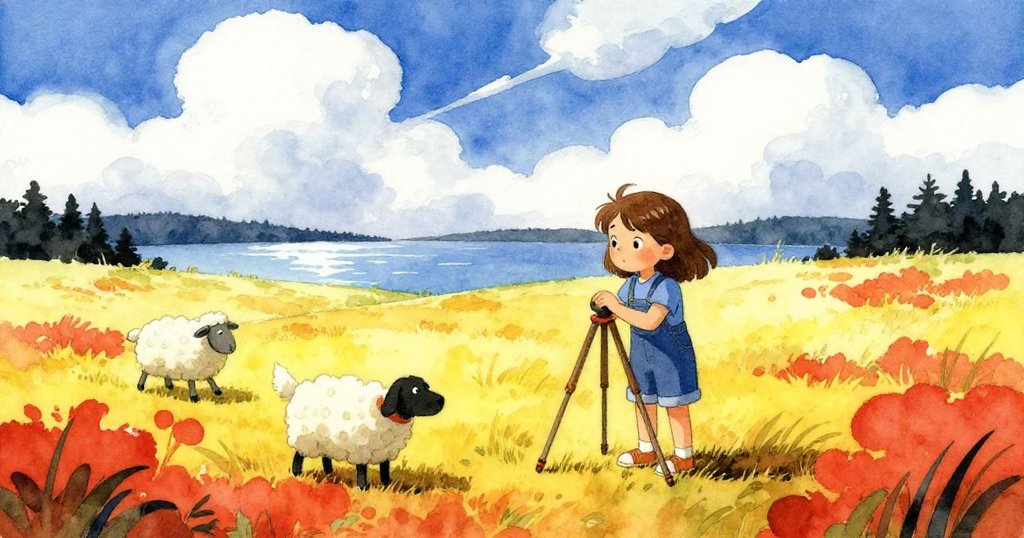 Thea站在田野中調整穩固的三腳架,背景湖面閃爍,層疊雲朵悠然,牧羊犬自在四處遊走,展現戶外寬闊景致。
