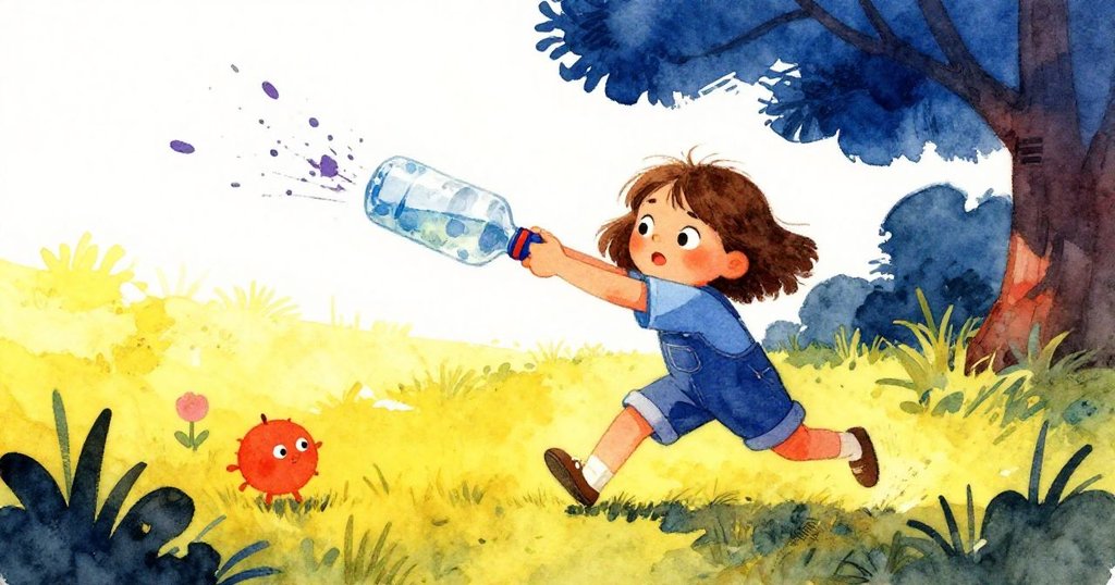 Thea充滿動力推動擺盪瓶子,紫色油漆飛濺出動感線條,陽光下運動的瞬間既活力又藝術。