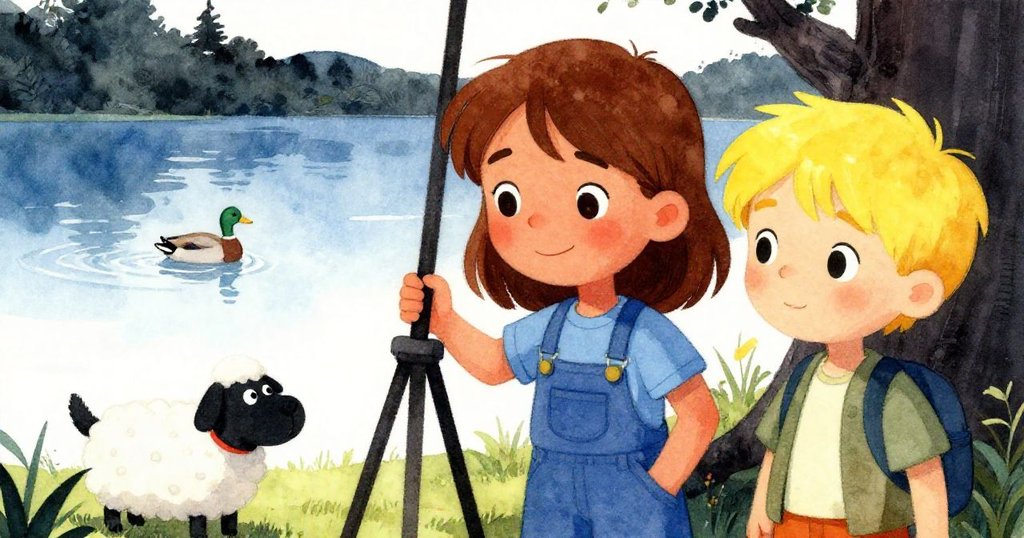 Thea與Erik滿臉喜悅,穩固的三腳架旁牧羊犬歡快踱步,遠處湖面上鴨子輕盈掠過,溫馨告別當日努力。