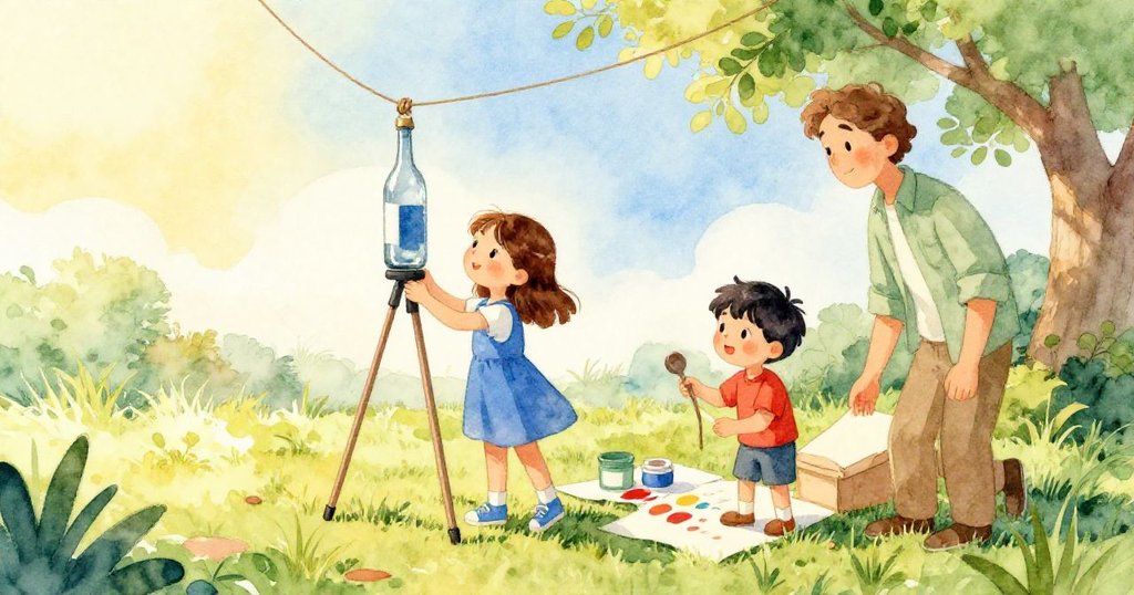 Hazel 穩定腳架, Hector 興奮操作, Seth 攪拌顏料, 戶外明亮草地上展現創意準備的歡快情景