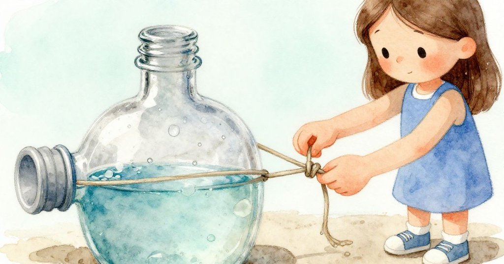 Hazel 用心綁繩, 特寫展示濕潤的繩索與閃亮瓶身, 戶外柔和光線下呈現專注努力情景