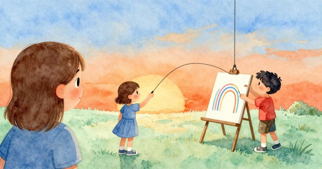 Hazel 從背後觀看, Hector 調整擺錘揮灑色彩, 細膩紙上展現藝術線條與戶外創作氛圍