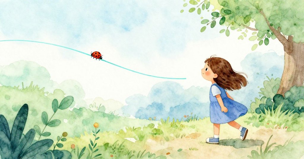 Hazel 微笑欣賞完成作品, 小瓢蟲沿著青綠線條緩緩爬行, 戶外溫馨畫面呈現創作結局與自然趣味