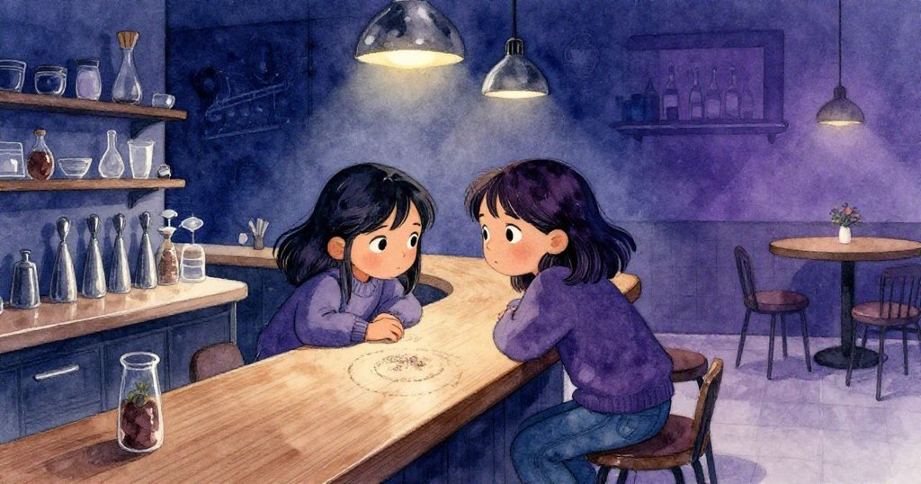 漢娜在現代咖啡吧內觀察吧台上圓形灰塵印記，燈光與陰影交錯，她滿懷好奇尋找失蹤的醬料罐。