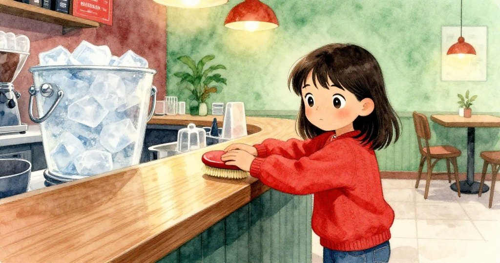 漢娜在咖啡吧中用袖子輕拭吧台，展現溫暖燈光與冰桶冰涼質感對比，表情專注充滿溫柔動作。