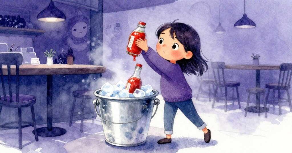 漢娜專注地從閃亮冰桶後取出紅色醬料罐，霧氣與凝霜圍繞，畫面傾斜展現魔幻細節，動作充滿小心與優雅。