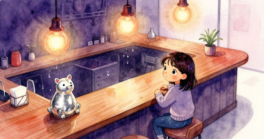 從高處俯瞰，現代咖啡吧中燈光柔和映照吧台上水滴細流，陶瓷小動物隨訂單搖晃，場景生動充滿溫暖韻味。