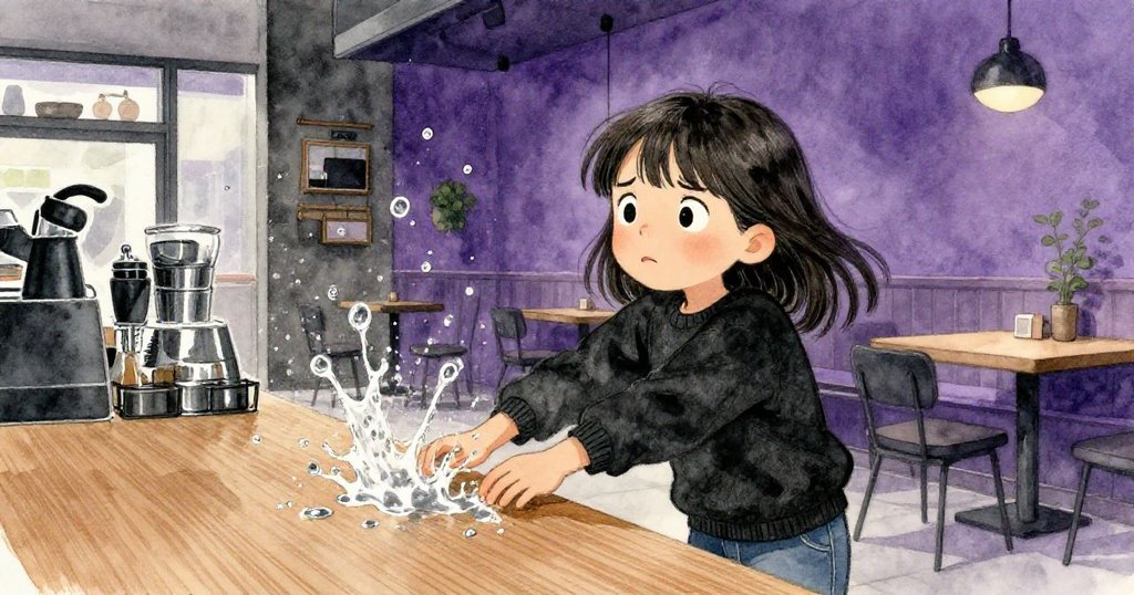 漢娜在吧台邊靈活避開飛濺水珠，臉上流露關切與決心，動作與水滴細節刻畫生動，場景充滿現代感。