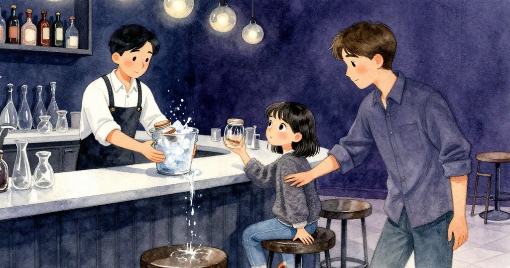 服務員迅速將醬料罐放回冰桶，多利安輕推冰桶，水滴沿吧台靜流形成神秘水線，氛圍安靜詩意。