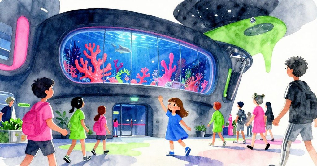 Gwen站在現代水族博物館前，注視著發光的珊瑚觀察窗，臉上充滿好奇與期待，遊客穿梭在霓虹光影中。