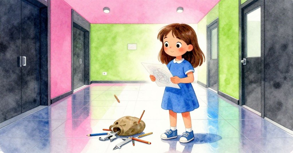 Gwen在熱鬧的室內大廳中捧著素描本，驚訝地看著包包被踢翻，鉛筆散落，表情急切充滿決心。