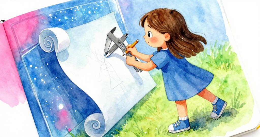 Gwen專注於打開的素描本，輕拭藍色玻璃上的霧氣，以塑料卡尺精心描繪捲曲的頁面，充滿創意與細膩感。