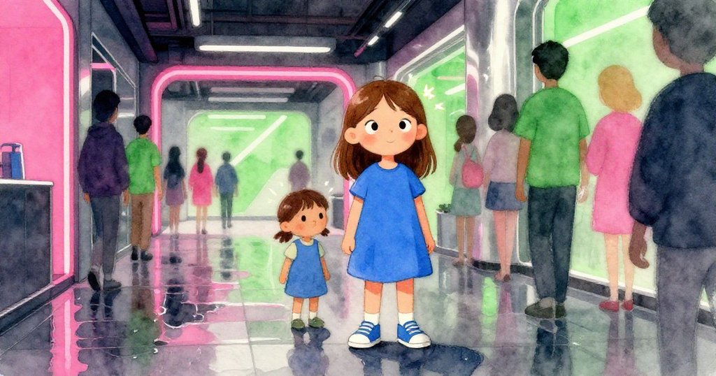 Gwen與堂兄站在濕潤走廊中，神情專注等待，周遭訪客匆忙穿梭，氛圍中透出低語與期待。