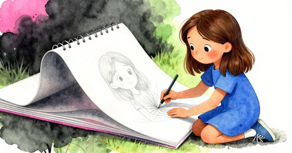 Gwen蹲下專心調整捲曲的素描本頁面，雙手緊按書脊，神情堅定融合新舊線條，細膩刻畫創作掙扎。