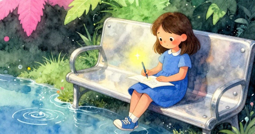 Gwen坐在金屬長椅上，靜靜欣賞豎立的素描本，臉上流露出創作後的平靜與喜悅，環境柔和寧靜。