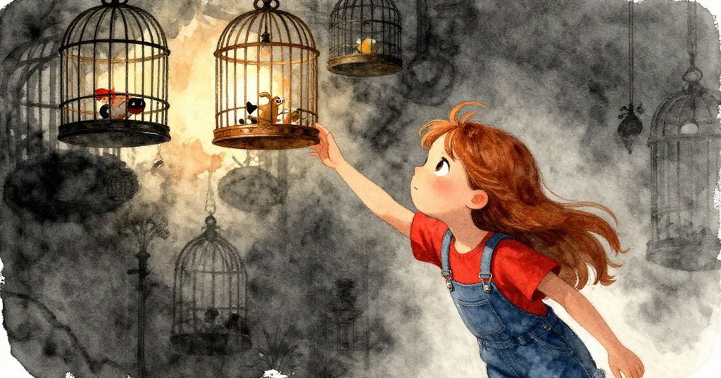 Ruby伸手觸摸高處鳥籠,夕陽柔和光線灑落,臉上滿懷期待,展開神秘觀鳥冒險。