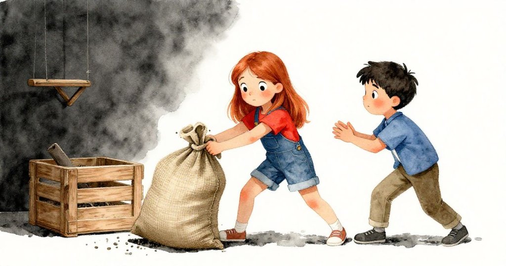 Ruby拉扯粗糙布袋,旁邊木箱與鳥籠形成鮮明對比,與Heath協作中流露專注堅定情緒。