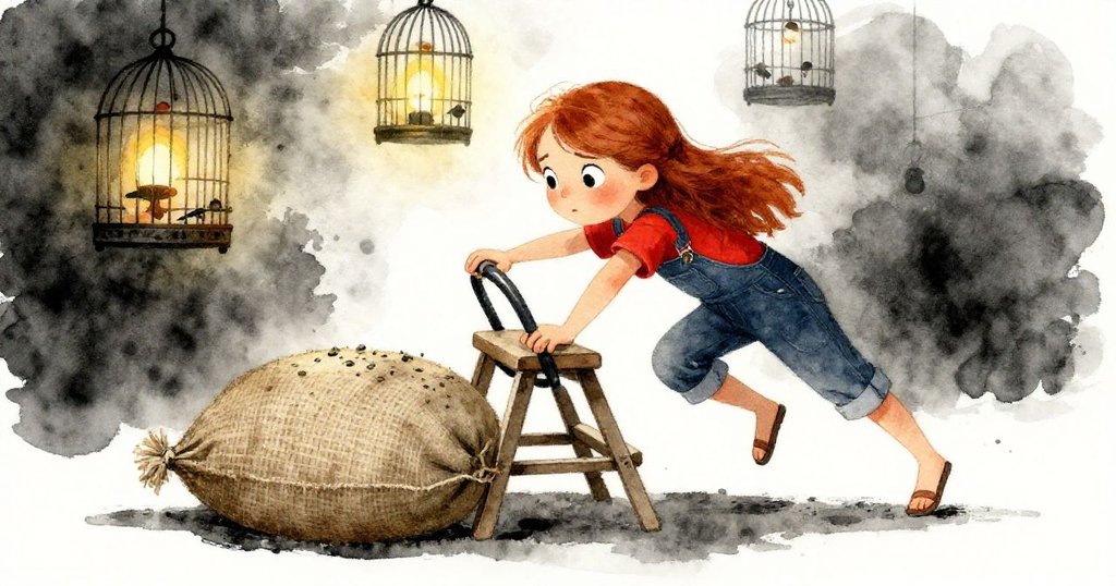 Ruby踏上平展布袋,望向高處台階,低角度展現堅定神情與創新解決難題之感。