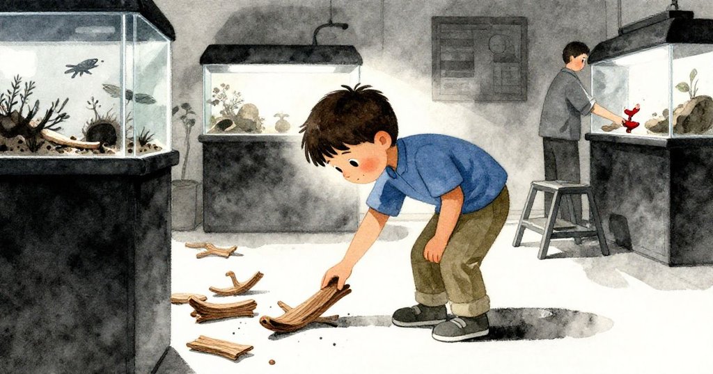 Heath在新房間彎腰拾起散落木桿,背景中水族箱與清洗裝置映現溫暖室內忙碌情景。