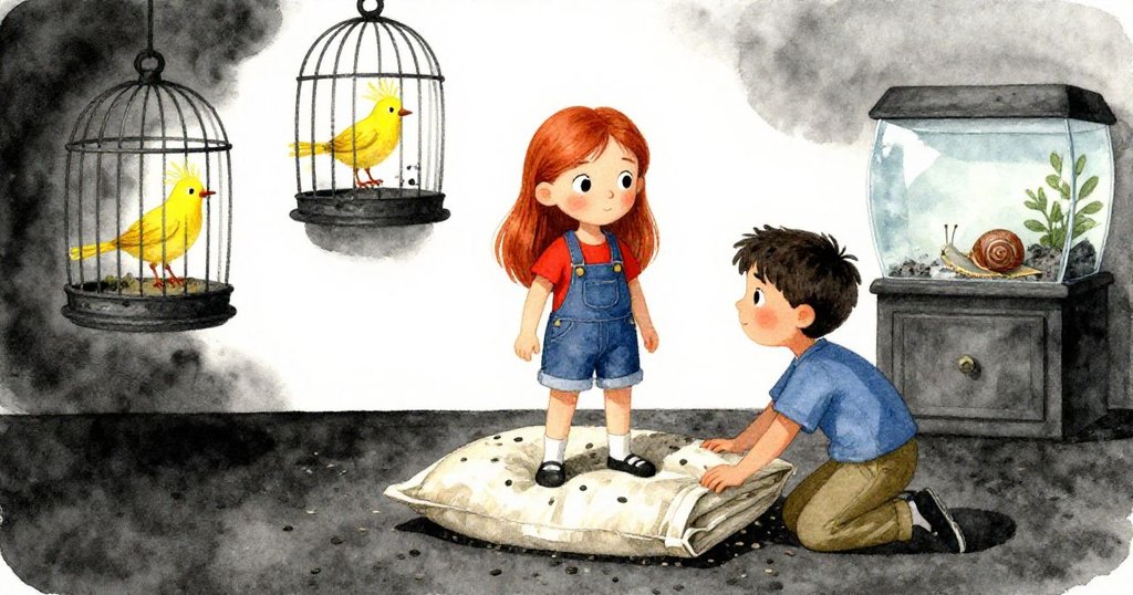 全景展現Ruby自信站於布袋上,Heath忙於工作,背景鳥籠中黃鳥梳理羽毛,水族箱裡蝸牛緩行,溫馨解決挑戰。