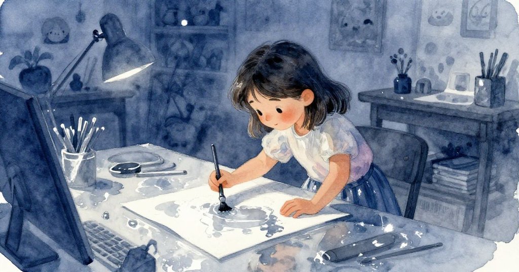 Lena在昏暗工作室中專注作畫，輕觸濕亮畫紙，展現創作初始的柔美情景與期待。