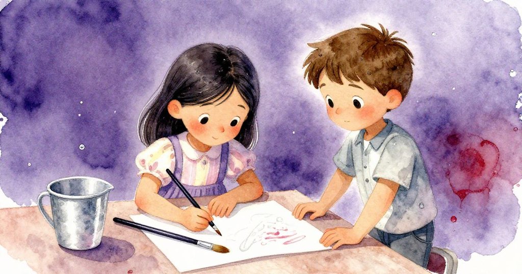 Lena的細畫筆與Glen的寬刷並排於桌上，水杯閃爍著光澤，水珠點綴出對比細節，呈現動態創作氛圍。