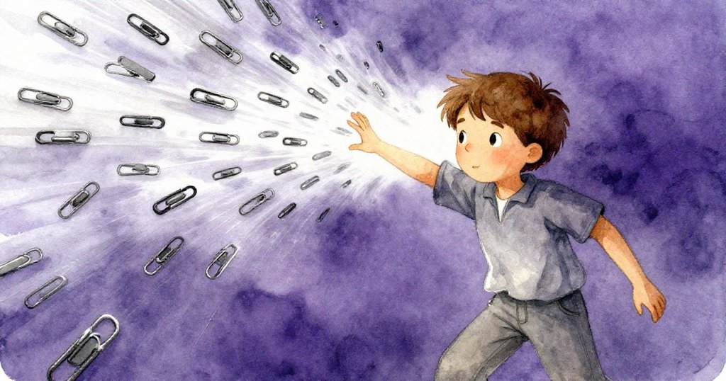 Glen在過渡空間中揮臂擋風，金屬夾子隨風輕響，保護畫面上柔和色調，神情堅定而稍帶緊張。