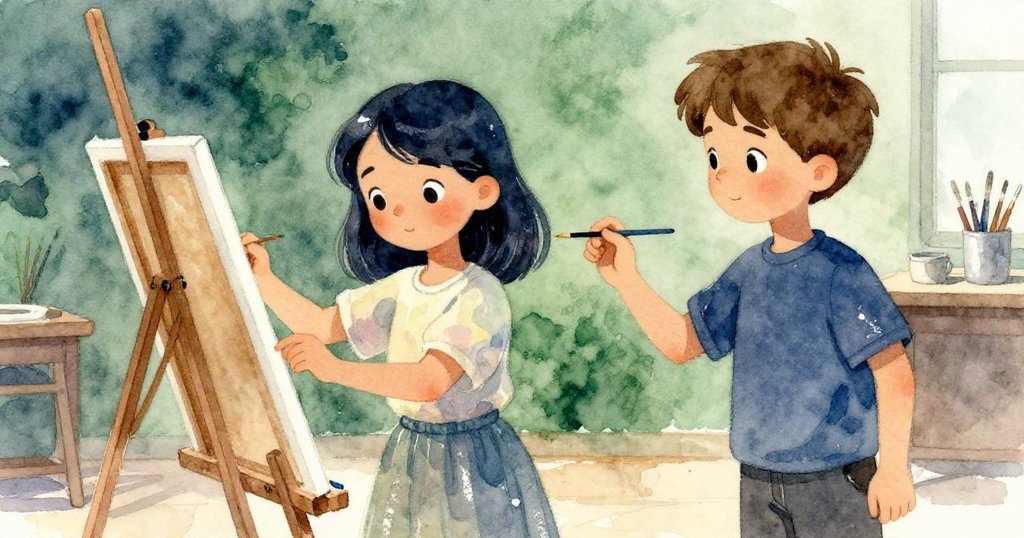 Lena與Glen共同合作調整畫作，Lena緊抱歪斜板子，Glen遞上細筆，二人神情專注，呈現溫柔協作情境。