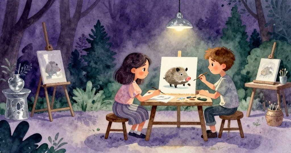 寧靜工作室中，Lena與Glen靜賞完成的畫作，彩豬呈現平衡色調，整體畫面充滿溫柔成就感與寧靜氣氛。