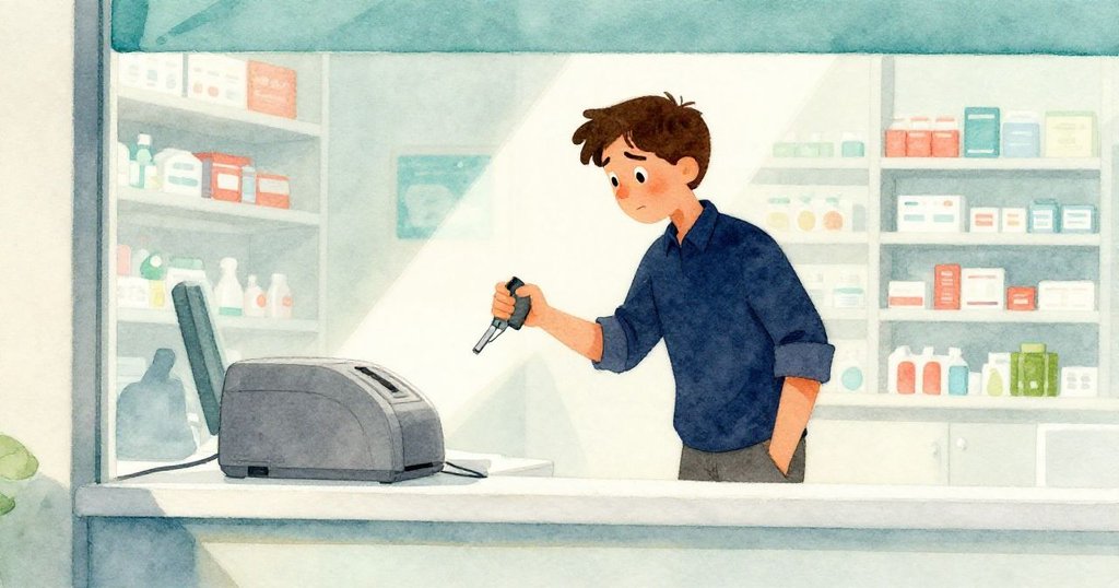 Glen 驚訝面對藥局窗外嗡嗡作響的標籤印表機，窗邊光影交錯，情緒緊張中帶有溫柔期待。