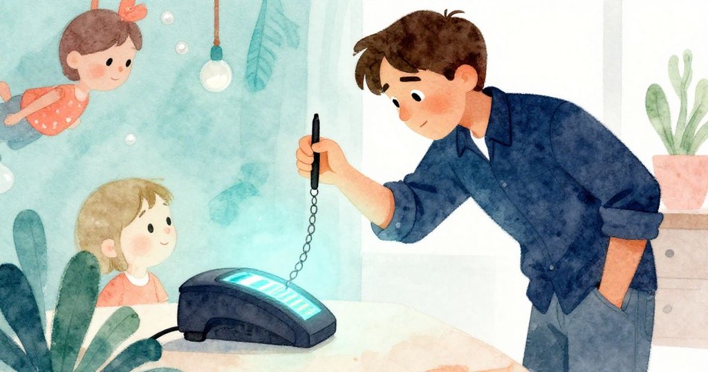 Glen 低角度展現堅定神情，輕敲筆鏈等待刷卡，背景數位面板閃爍著希望光芒，充滿寧靜與期待。