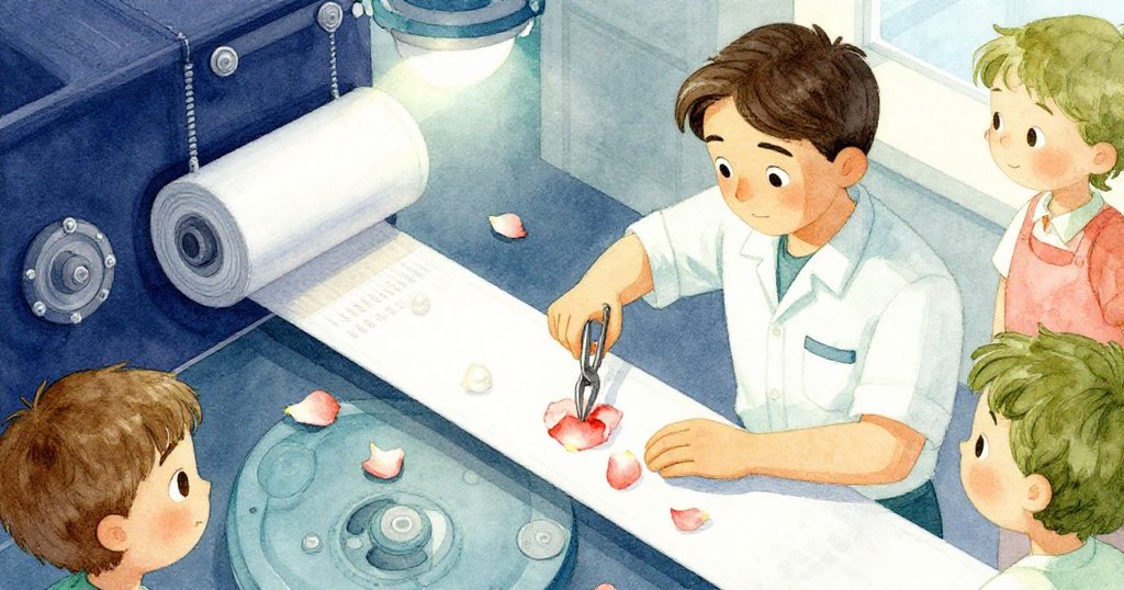 技術員從高處專注操作，用鑷子小心取下卡住的玫瑰花瓣，場景中充滿機械細節與溫柔光暈。