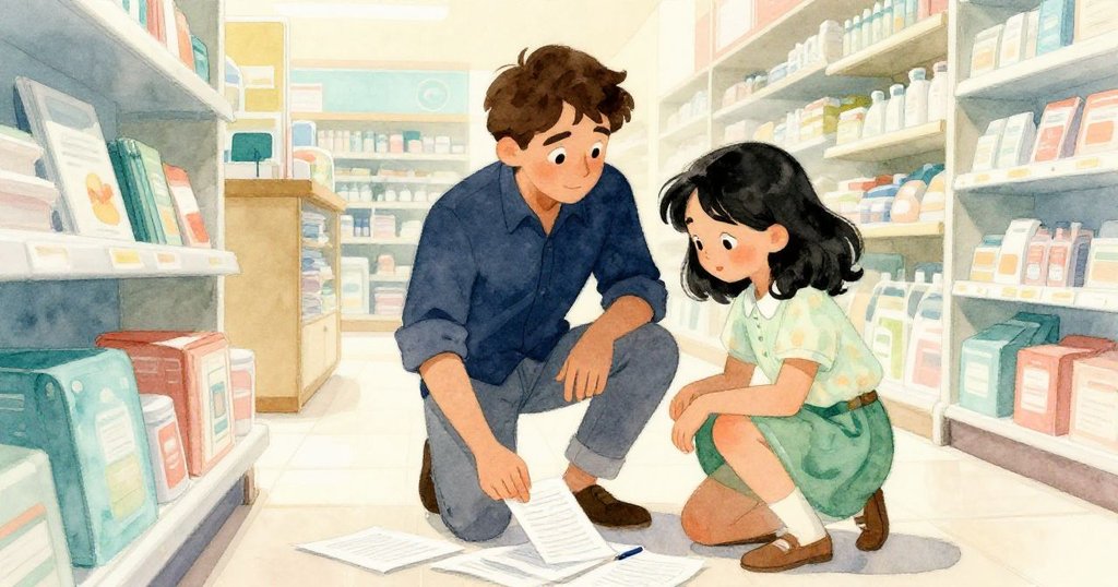 Glen 與 Ivy 在走廊中合作收拾散落文件與筆筒，蹲姿專注動作，臉上洋溢著溫馨協助與滿足感。