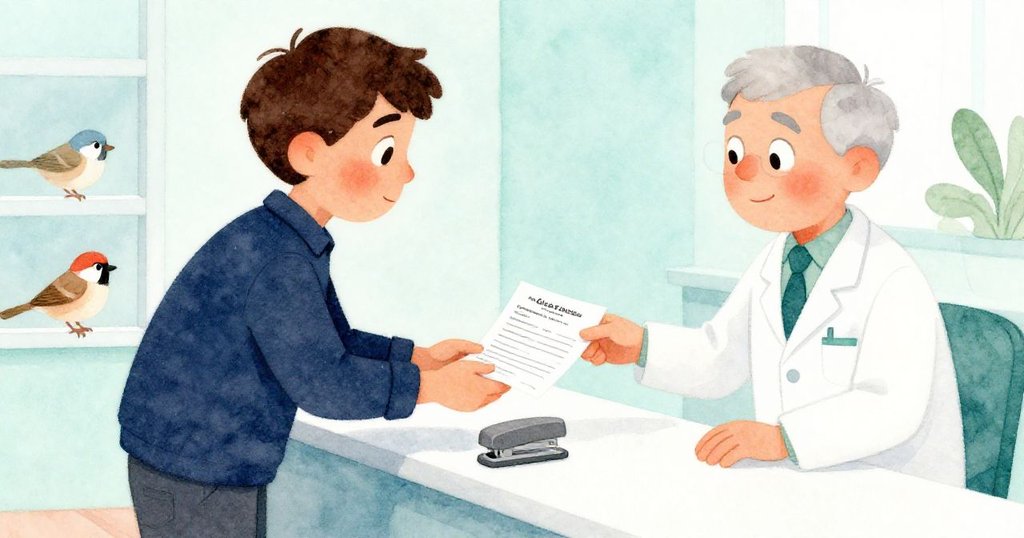 藥師微笑將完成索賠表交給 Glen，桌上灰色訂書機靜置，窗外麻雀輕巧旁觀，營造溫馨圓滿結局。